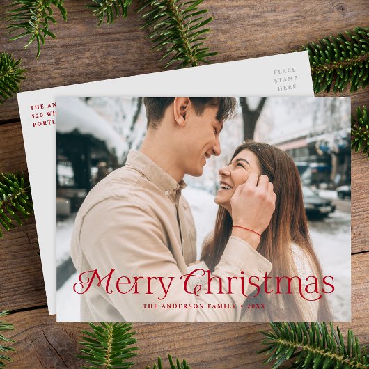 Feestelijke Elegantie Rood Vrolijk Kerstmis Foto Feestdagenkaart