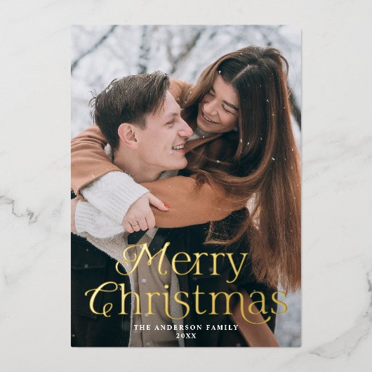 Feestelijke Elegantie Vrolijk Kerstmis Rode Foto Folie Feestdagenkaart (Voorkant)