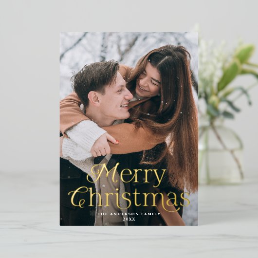 Feestelijke Elegantie Vrolijk Kerstmis Rode Foto Folie Feestdagenkaart (Staand Voorkant)