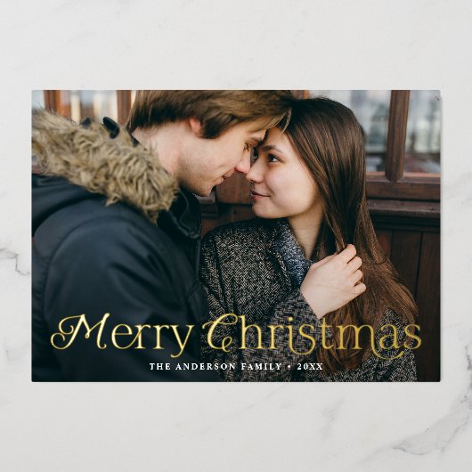 Feestelijke Elegantie Vrolijk Kerstmis Rode Foto Folie Feestdagenkaart (Voorkant)