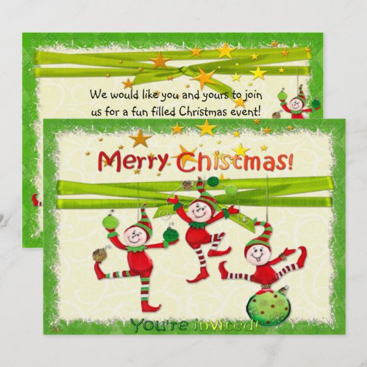 Feestelijke Elfen Kerstfeest/Evenement Uitnodiging (Voorkant / Achterkant)