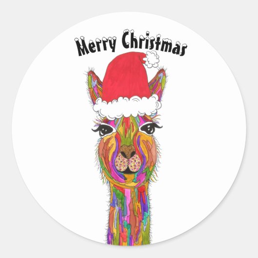 Feestelijke en kleurrijke Llama Vrolijk Kerstfeest Ronde Sticker (Voorkant)