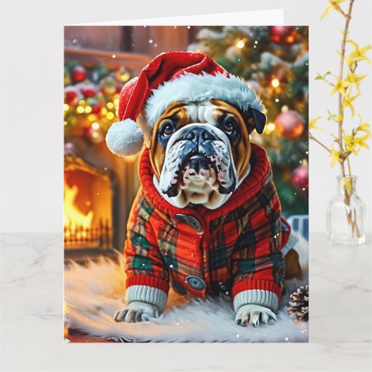 Feestelijke Engelse Bulldog met een Santa Hat Kaart (Gele Bloem)