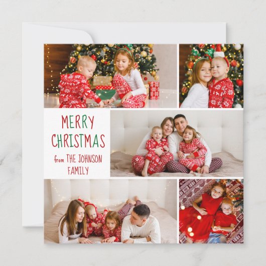 Feestelijke Familie 5 Foto Rode Groene Kerstmis Feestdagenkaart (Voorkant)