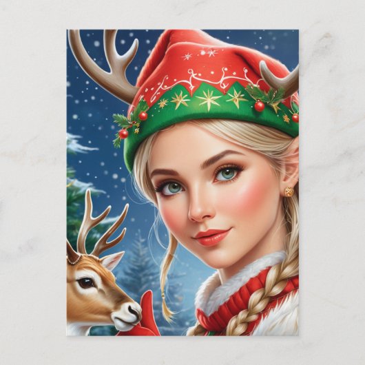 Feestelijke Fantasy blonde vrouw en hert Kerstmis Briefkaart (Voorkant)