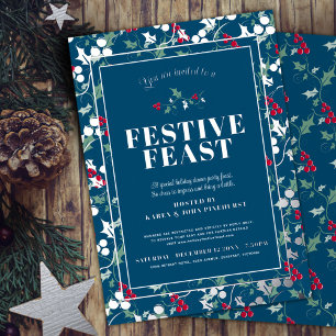 Feestelijke feest blauwe rode bessen Kerst diner Folie Uitnodiging