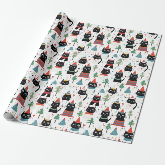 Feestelijke Feline Fun Christmas Gift Wrap Cadeaupapier (Uitgerold)