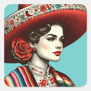 Feestelijke Fiesta  Mexicaanse vrouw partij gunst Vierkante Sticker