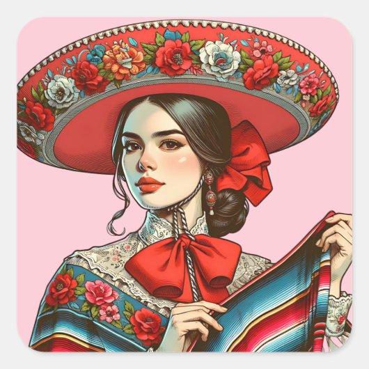 Feestelijke Fiesta Mujer Mariachi partij gunst Vierkante Sticker (Voorkant)