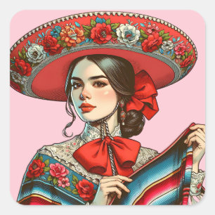 Feestelijke Fiesta Mujer Mariachi partij gunst Vierkante Sticker