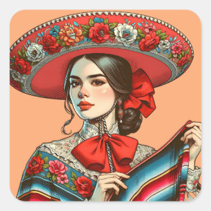 Feestelijke Fiesta Mujer Mariachi partij gunst Vierkante Sticker