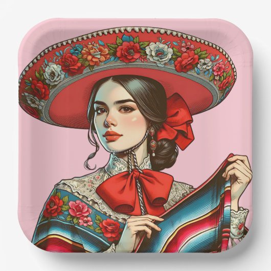 Feestelijke Fiesta Mujer Mariachi Party Papieren Bordje (Voorkant)