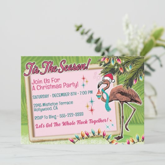 Feestelijke Flamingo Kerstfeest uitnodigingen (Staand voorkant)