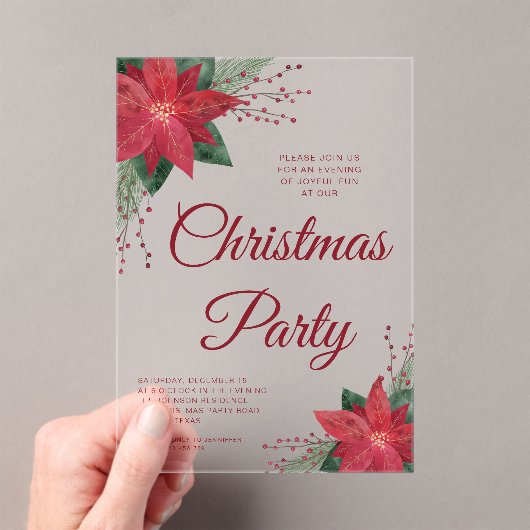 Feestelijke Floral Poinsettia Kerstfeest Acryl Uitnodigingen (Insitu (Draagbaar))