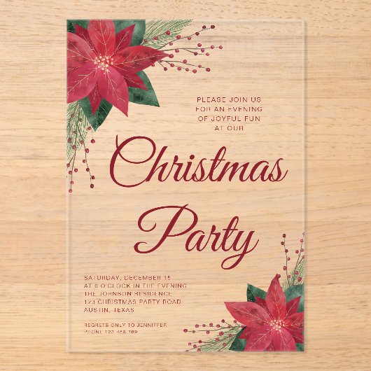 Feestelijke Floral Poinsettia Kerstfeest Acryl Uitnodigingen (Voorkant)