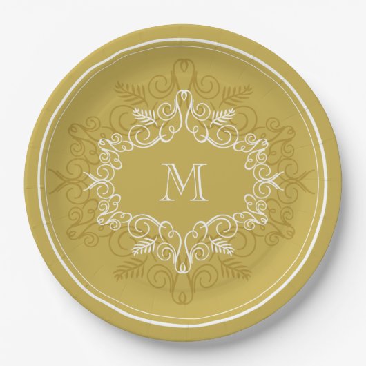 Feestelijke Foliage Deco Lijst Monogram Classy Hol Papieren Bordje (Voorkant)