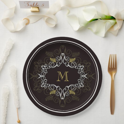 Feestelijke Foliage Deco Lijst Monogram Classy Hol Papieren Bordje (Huwelijk)