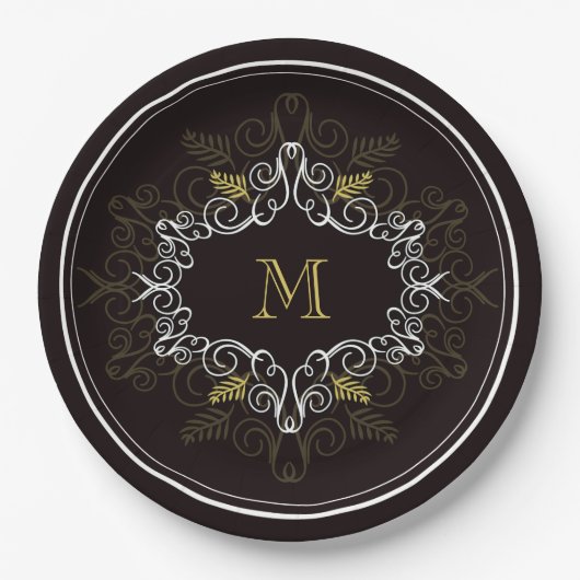 Feestelijke Foliage Deco Lijst Monogram Classy Hol Papieren Bordje (Voorkant)
