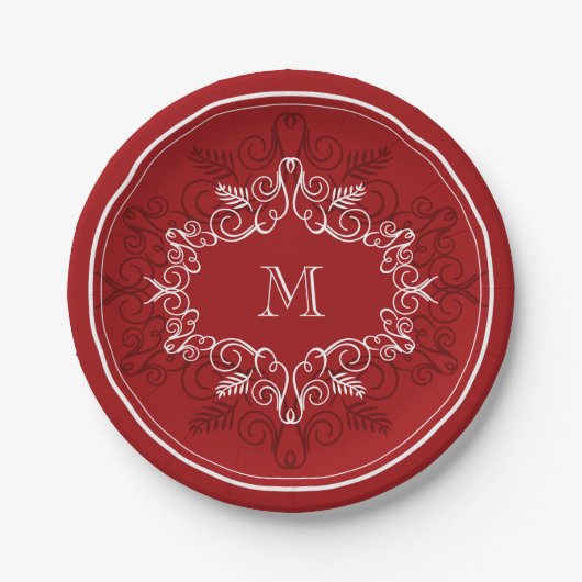 Feestelijke Foliage Red Deco Lijst Monogram Vakant Papieren Bordje (Voorkant)