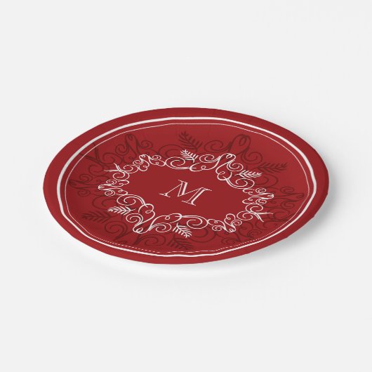 Feestelijke Foliage Red Deco Lijst Monogram Vakant Papieren Bordje (Gekanteld)