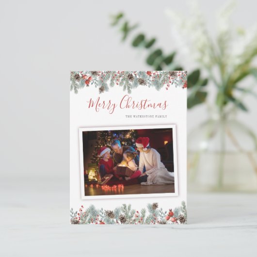 Feestelijke foto rustieke botanische kerst feestdagenkaart (Staand voorkant)