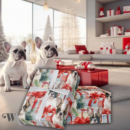 Feestelijke Franse Bulldog Puppy Kerstmis Cadeaupapier