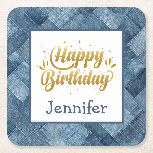 Feestelijke Fun Blue Jean Denim Verjaardagspapier  Kartonnen Onderzetters (Voorkant)
