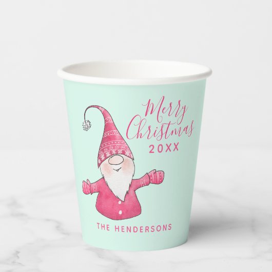 Feestelijke Fun Gnome Pink en Mint Green Christmas Papieren Bekers (Voorkant)