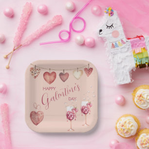 Feestelijke Galentijnsdag wijnglazen en harten Papieren Bordje