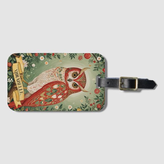 Feestelijke gebladerte uil gepersonaliseerd bagagelabel (Voorkant (horizontaal))