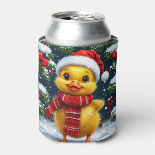 Feestelijke Gele Eend in Kerstmannenhoed Blikjeskoeler (Blikje Voorkant)