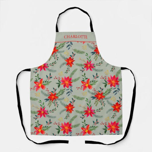 Feestelijke gepersonaliseerde rode kerstbloem schort (Voorkant)