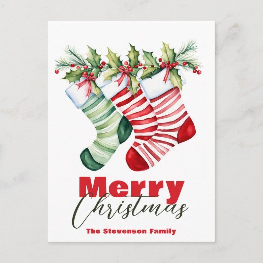 Feestelijke gestreepte kousen met groen Kerstmis Feestdagenkaart (Voorkant)