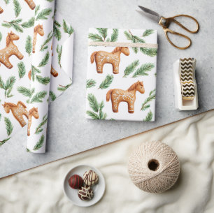 Feestelijke Gingerbread Horse & Pine Pattern Cadeaupapier