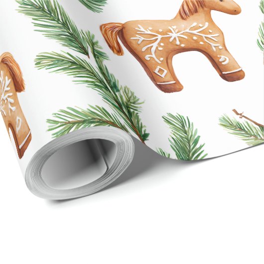 Feestelijke Gingerbread Horse & Pine Pattern Cadeaupapier (Rol Hoek)