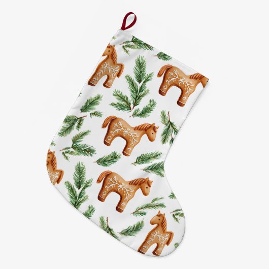 Feestelijke Gingerbread Horse & Pine Pattern Grote Kerstsok (Voorkant (Hangend))