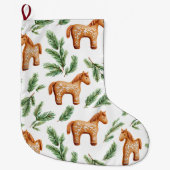 Feestelijke Gingerbread Horse & Pine Pattern Grote Kerstsok (Voorkant)