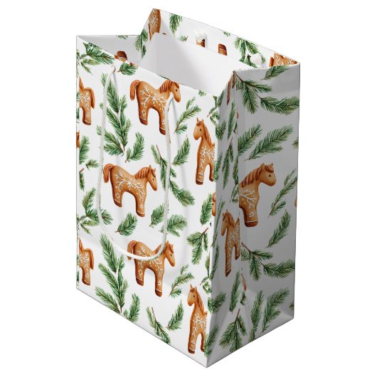 Feestelijke Gingerbread Horse & Pine Pattern Medium Cadeauzakje (Voorkant Gekanteld)