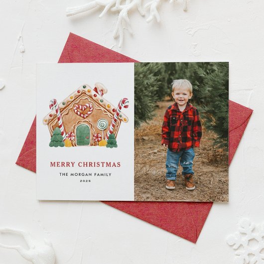 Feestelijke Gingerbread House Foto Kerstmis Feestdagenkaart