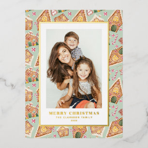 Feestelijke Gingerbread House Mint Foto Kerstmis Folie Feestdagen Briefkaart