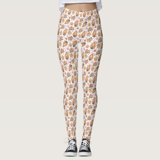 Feestelijke Gingerbread House Patroon Witte Kerst Leggings (Voorkant)