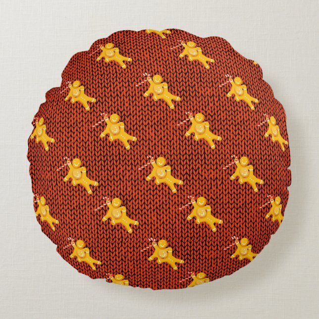 Feestelijke Gingerbread Man & Knit Patroon Kerstmi Rond Kussen (Voorkant)