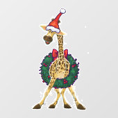 feestelijke Giraffe met kersttouwtjes Raamsticker (Vel)