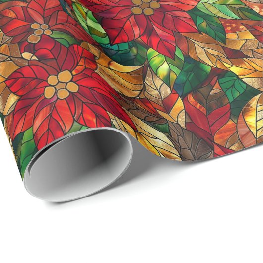 Feestelijke glas-in-lood poinsettia patroon verpak cadeaupapier (Rol Hoek)