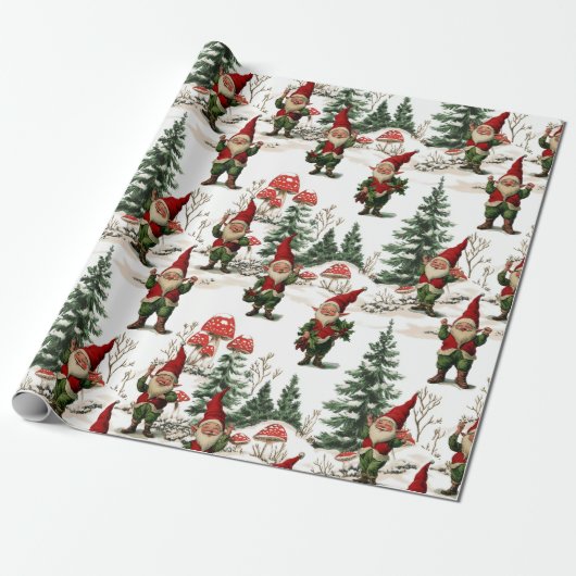 Feestelijke Gnome en Mushroom Woodland Kerstmis Cadeaupapier (Uitgerold)