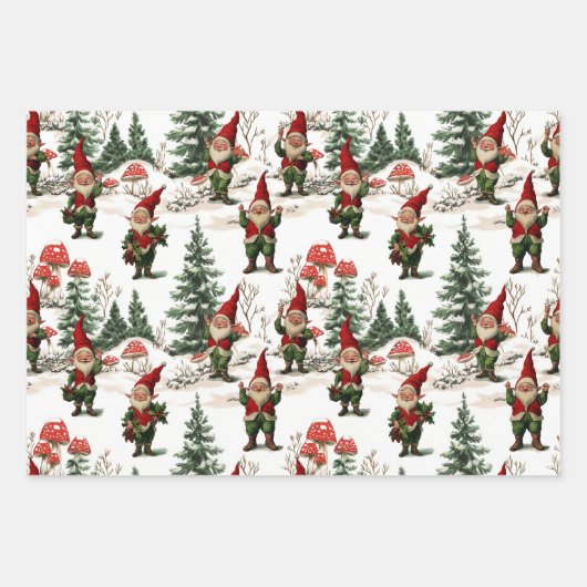 Feestelijke Gnome en Mushroom Woodland Kerstmis Inpakpapier Vel (Voorkant)