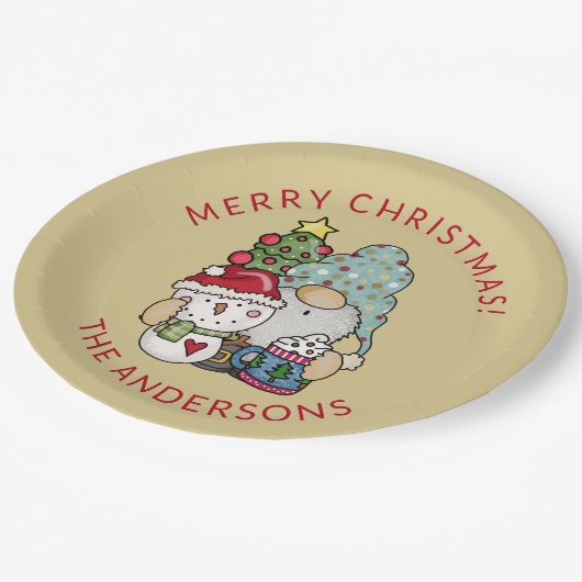 Feestelijke Gnome Sneeuwman Kerstmis Papieren Bordje (Gekanteld)