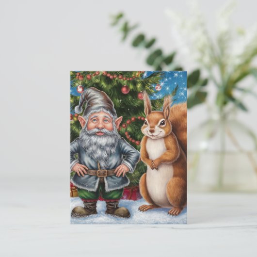 Feestelijke Gnoom en Eekhoorn Kerstmis Briefkaart (Staand voorkant)