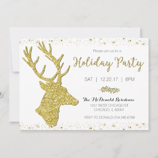 Feestelijke Gold Deer Holiday Party Uitnodiging (Voorkant)