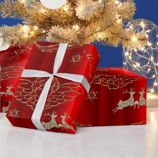 Feestelijke Golden Angels en Sparkling Deer Red Xm Cadeaupapier (Feestdagen)